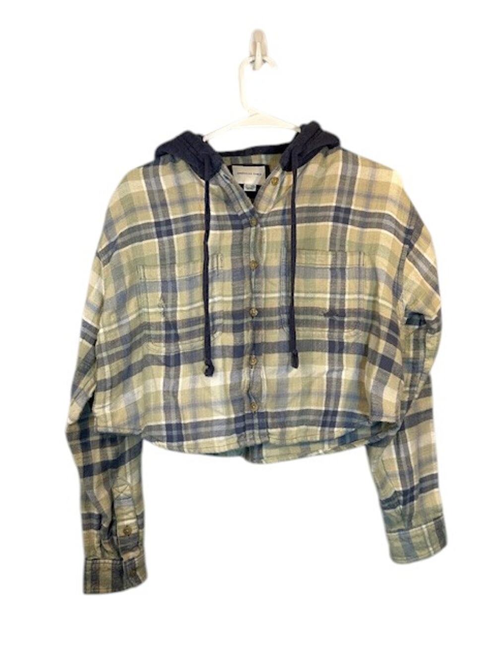 American Eagle Blue Green Plaid Long Sleeve Distressed Button Shirt Women XS